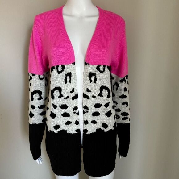 Color Block Pink Animal Print Open Front Cardigan - Picture 1 of 4